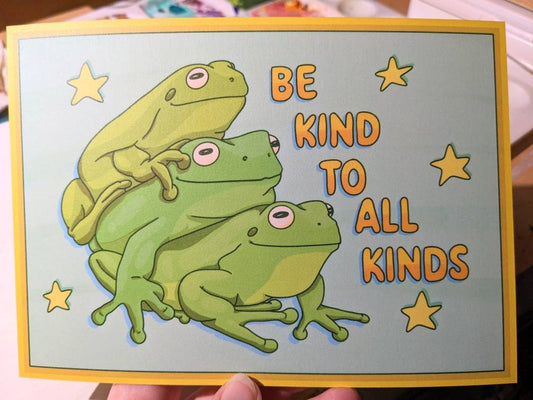 Be Kind to All Kinds Frog Stack Art Print 5x7in