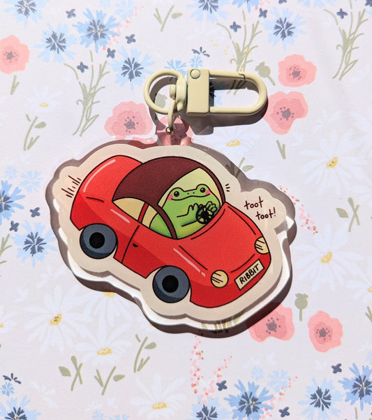 Toot Toot! Froggy Car Keychain Acrylic Charm | Cute novelty transparent gift silly goofy funny animals reptiles amphibians